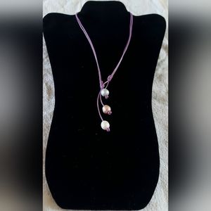 Handmade Silver, Peach & White Pearl And Orchid Leather 2-Way Necklace